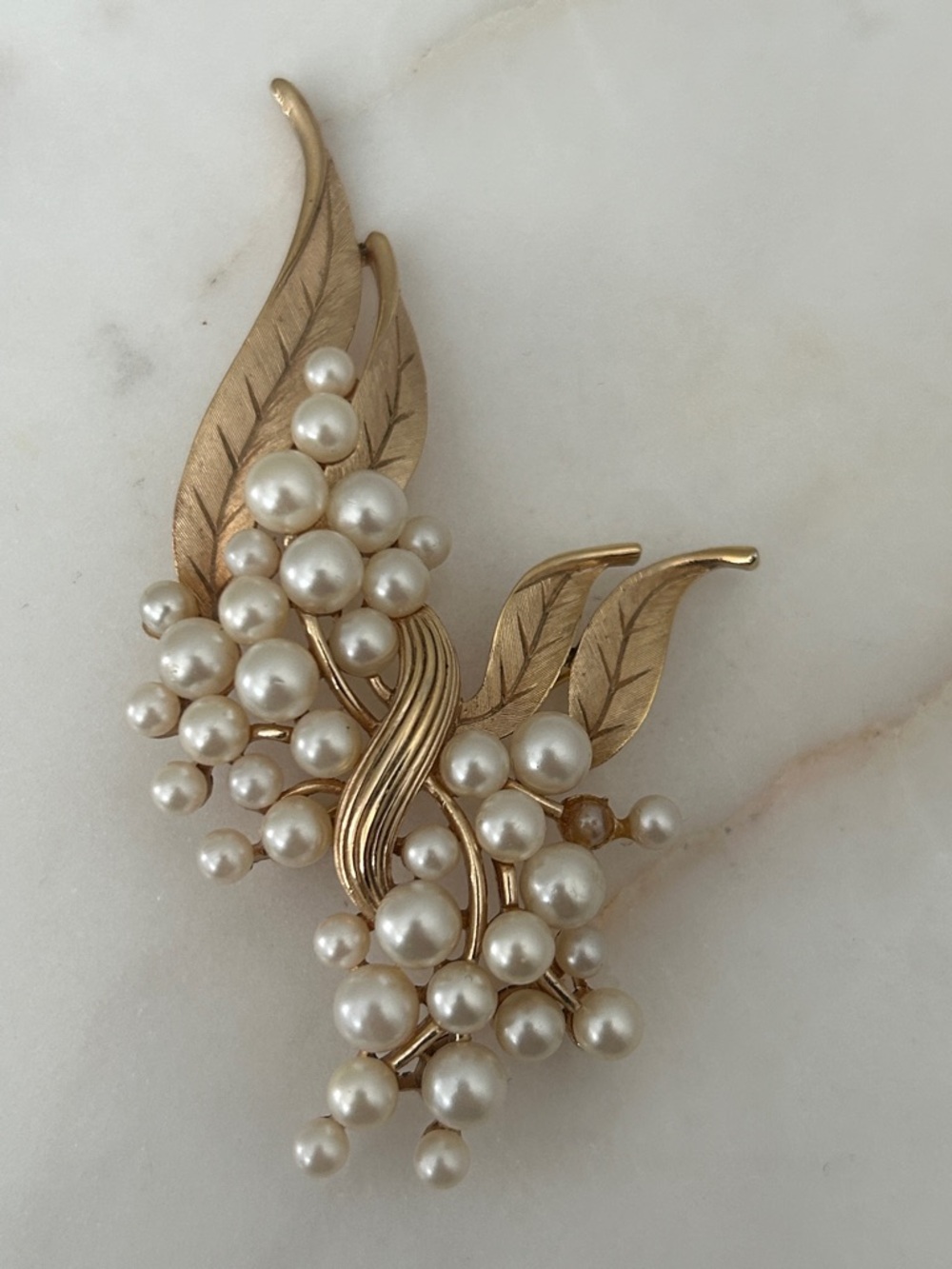 Trifari Gold Tone Faux Pearl Leaf Cluster Brooch